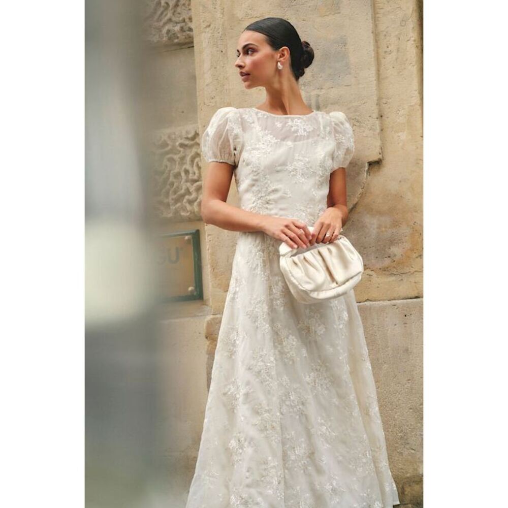 Lulus Elfrieda Cream Floral Embroidered Puff Sleeve Midi Dress White - Size M